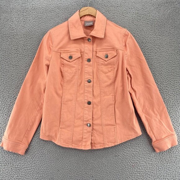 Chicos Jacket Womens 0 US Small Coral Perfect Stretch Shaped Denim Button Jean - Picture 1 of 11